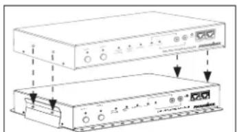 Diagram showing two electronic devices with labeled ports and directional arrows indicating assembly or connection.