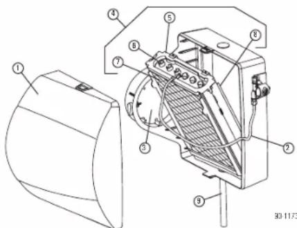Technical diagram of a mechanical device with numbered components and directional arrows indicating motion or flow.