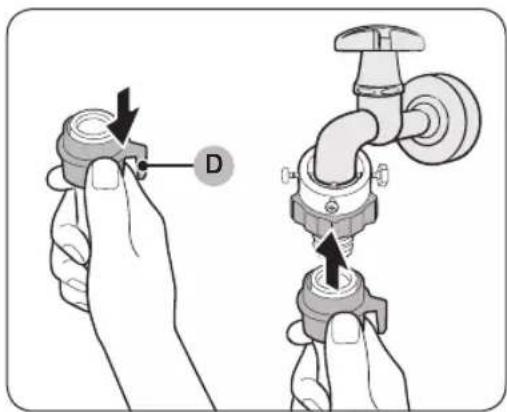 Diagram showing two hands adjusting a valve component with labeled parts D and arrows indicating adjustment.