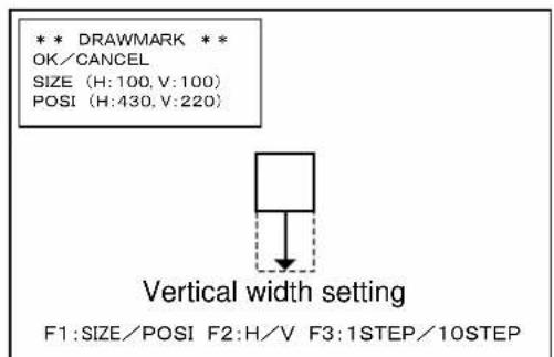 *** DRAWMARK ** OK/CANCEL SIZE (H:100, V:100) POSI (H:430, V:220) Vertical width setting F1:SIZE/POSI F2:H/V F3:1STEP/10STEP