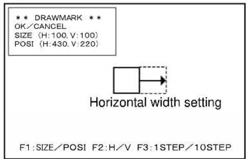 *** DRAWMARK ** OK/CANCEL SIZE (H:100, V:100) POSI (H:430, V:220) Horizontal width setting F1:SIZE/POSI F2:H/V F3:1STEP/10STEP