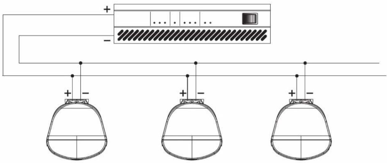 Diagram showing three identical dome-shaped devices connected to a control panel with labeled ports and polarity indicators.