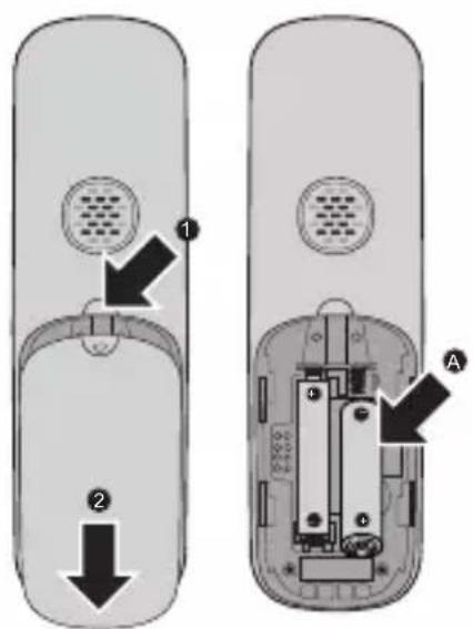 Diagram showing two views of a remote control panel with labeled components and directional arrows indicating movement or insertion.