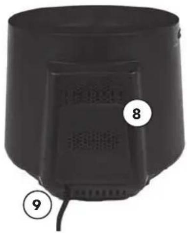 Black cylindrical device with labeled parts (8, 9), no visible text or symbols on body