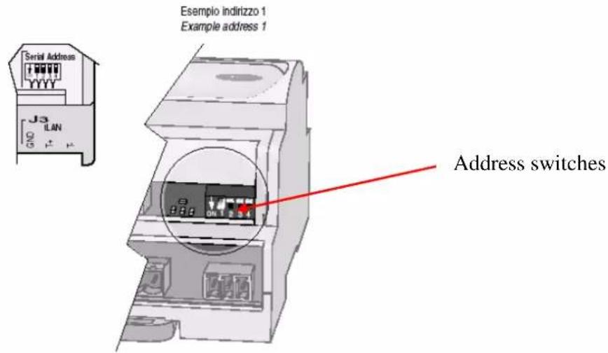 Esempio indirizzo 1 Example address 1 Serial Address JA ILAN 5 + + Address switches