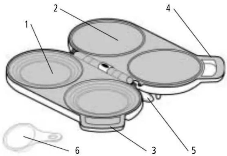 Technical diagram of a mechanical device with numbered components labeled 1 through 6