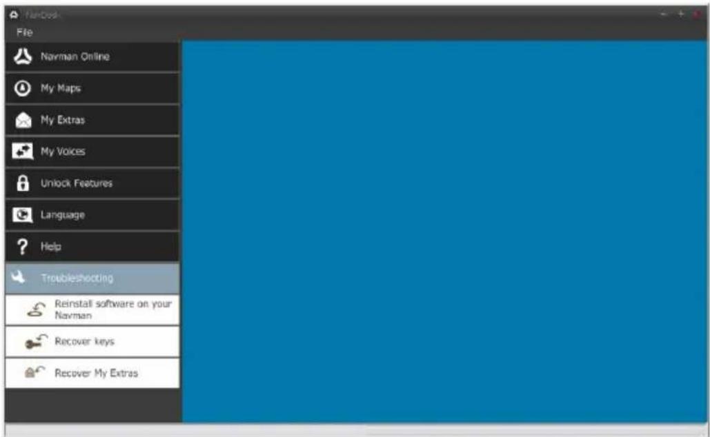 Navman Online My Maps My Extras My Voices Unlock Features Language ? Help Troubleshooting Reinstall software on your Navman Recover keys Recover My Extras