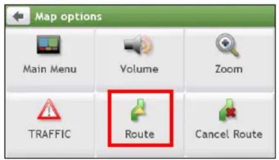 Map options Main Menu Volume Zoom TRAFFIC Route Cancel Route