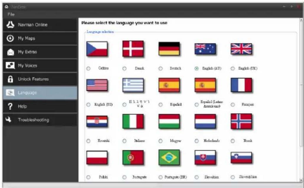 File Navman Online My Maps My Extras My Voices Unlock Features Language Help Troubleshooting Please select the language you want to use Language selections ○ Online ○ Doxik ○ Dozech ○ English (AU) ○ English (UK) ○ English (US) ○ E###v1 K& ○ Español ○ Español (Latino América) ○ Portuguese ○ Ibrustki ○ Indians ○ Magyar ○ Netherlands ○ Monk ○ Polski ○ Português ○ Português (ER) ○ Slovakia ○ Slovenia