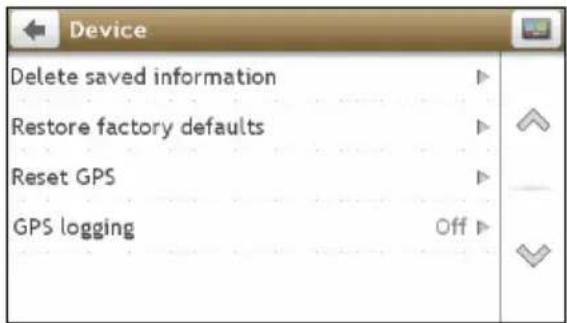 Device Delete saved information Restore factory defaults Reset GPS GPS logging Off