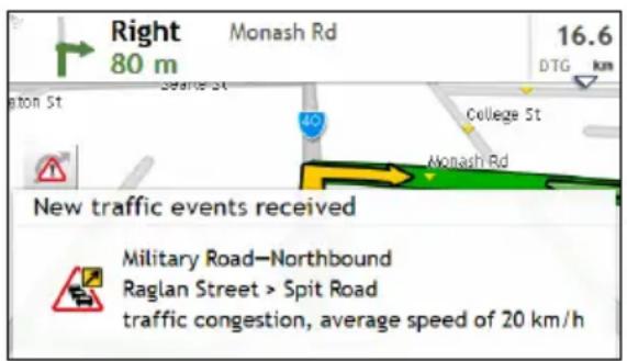 Right 80 m Monash Rd 16.6 DTG km atton St Seane St College St Alonash Rd New traffic events received Military Road-Northbound Raglan Street > Spit Road traffic congestion, average speed of 20 km/h