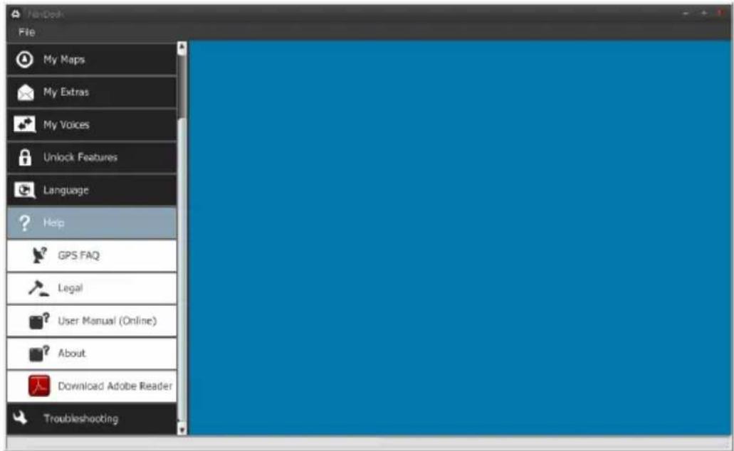NewPeak File My Maps My Extras My Voices Unlock Features Language ? Help GPS FAQ Legal User Manual (Online) About Download Adobe Reader Troubleshooting
