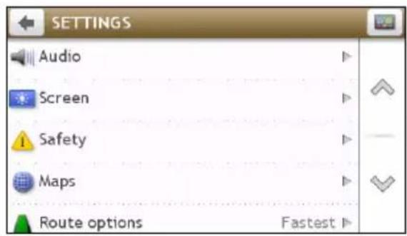 SETTINGS Audio Screen Safety Maps Route options Fastest