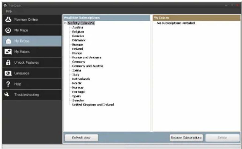 No-Desk File Navman Online My Maps My Extras My Voices Unlock Features Language Help Troubleshooting Available Subscriptions Safety Camera Austria Belgium Benelux Denmark Europe Finland France France and Andorra Germany Germany and Austria Iberia Italy Netherlands Nordic Norway Portugal Spain Sweden United Kingdoms and Ireland My Extras — No subscriptions installed Refresh view Recover Subscriptions Delete