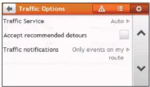Traffic Options Traffic Service Auto ▶ Accept recommended detours Traffic notifications Only events on my route