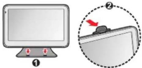 Diagram showing a computer monitor with two red arrows pointing to its side, and a magnified view of a device with a handle and arrow indicating rotation.