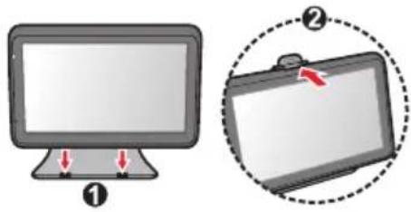 Diagram showing two views of a computer monitor with labeled parts and directional arrows indicating motion or change.
