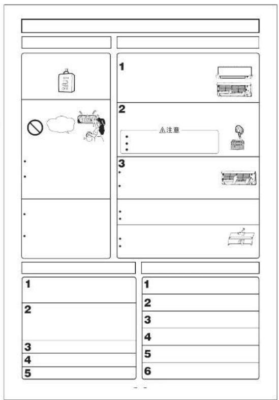 Educational worksheet with six numbered sections containing illustrations, symbols, and Chinese text '注意' (Attention)