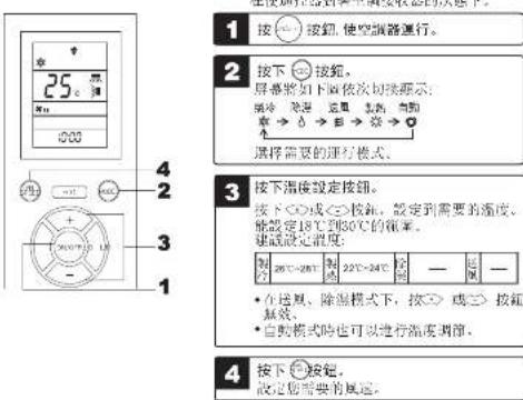 按按钮,使空調器運行。 1 按 2 按下 屏幕將如下面依次切換顯示: 冷、暖、溫、濕、熱、氣動 ↑ 選擇需要的運行模式。 3 按下溫度設定按鈕。 按下○或▽接觸,設定到需要的溫度, 能設定18℃到30℃的電壓。 建設設定溫度。 • 在溫風、除溫模式下,按○或▽接觸 無效、 自動模式時也可以進行溫度調節。 4 按下○接觸, 設定您需要的風速。
