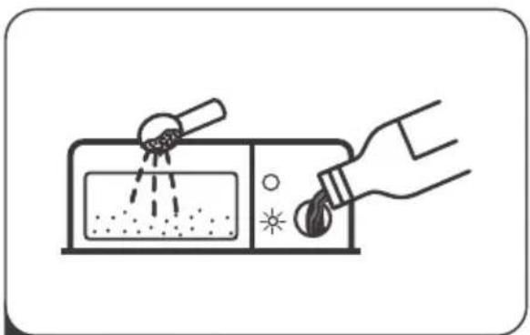 Illustration of a hand using a power tool to clean or spray liquid from a microwave oven (no text or symbols)
