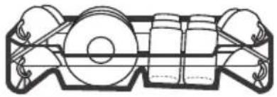 Technical line drawing of a mechanical component with rollers and flanges (no text or symbols)