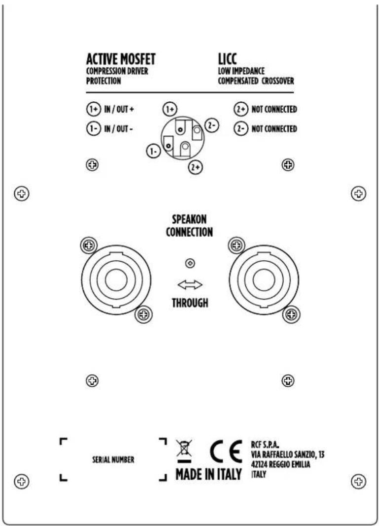 ACTIVE MOSFET COMPRESSION DRIVER PROTECTION LICC LOW IMPEDANCE COMPENSATED CROSSOVER ①+ IN / OUT + ①- IN / OUT - ②+ NOT CONNECTED ②- NOT CONNECTED SPEAKON CONNECTION THROUGH SERIAL NUMBER CE RCF S.P.A. VIA RAFFAELLO SANZIO, T3 42124 REGGIO EMILIA ITALY MADE IN ITALY