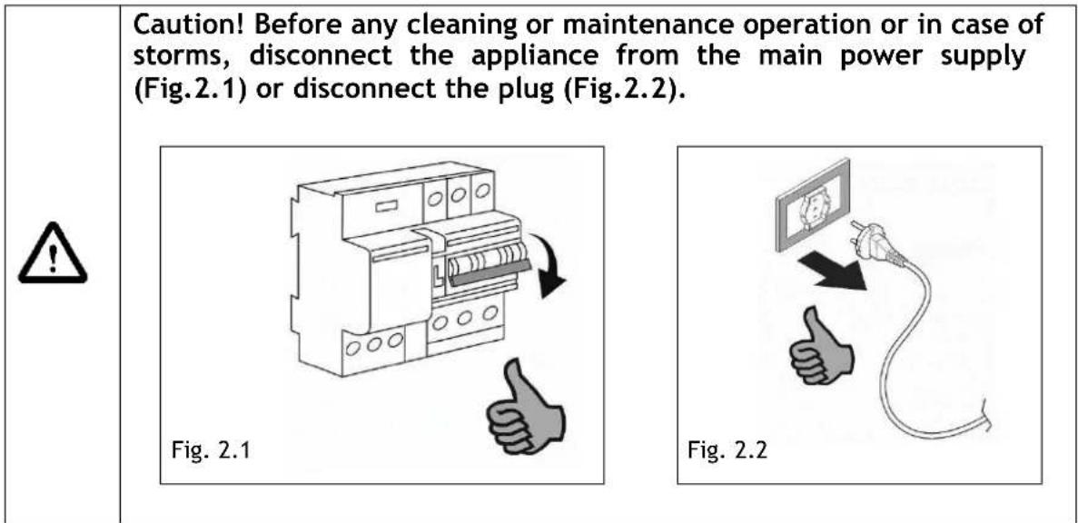 Caution! Before any cleaning or maintenance operation or in case of storms, disconnect the appliance from the main power supply (Fig.2.1) or disconnect the plug (Fig.2.2). Fig. 2.1 Fig. 2.2