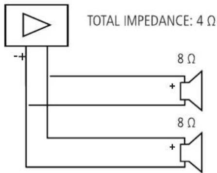 TOTAL IMPEDANCE: 4 Ω - + 8 Ω + 8 Ω +