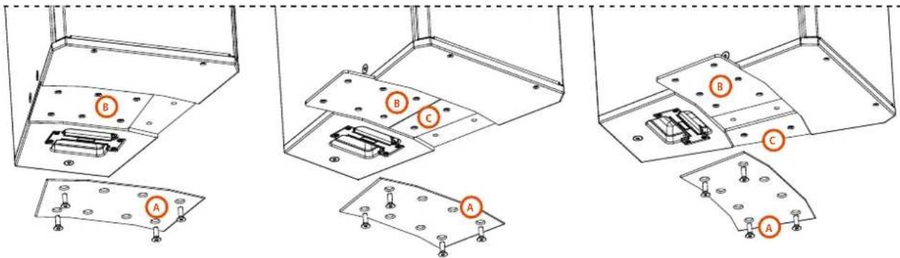 Technical diagram showing three views of a metal bracket assembly with labeled components A and B