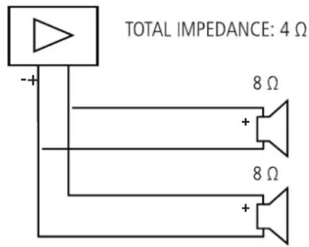 TOTAL IMPEDANCE: 4 Ω - + 8 Ω + 8 Ω +