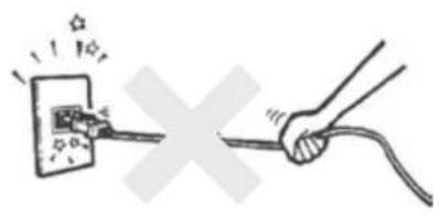 Diagram showing a hand holding a cable with warning symbols and a starburst, indicating electrical hazard or safety warning.