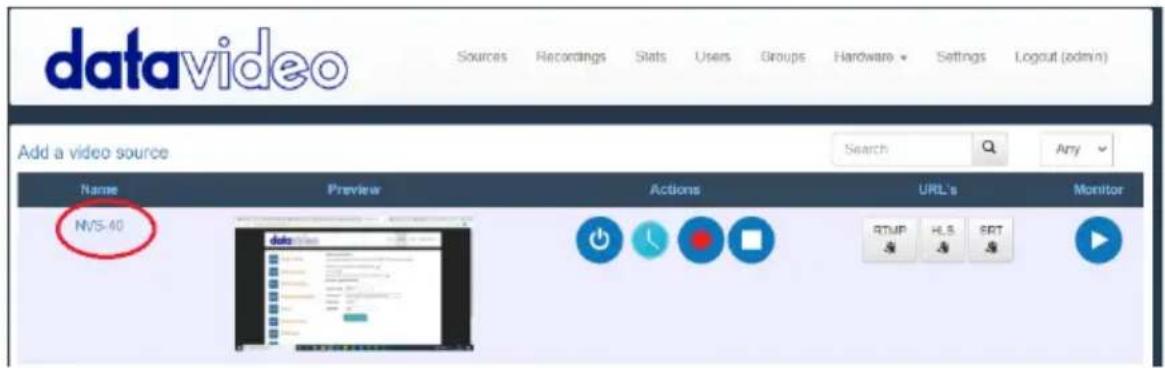 datavideo Add a video source Name Preview Actions URL's Monitor NVS-40