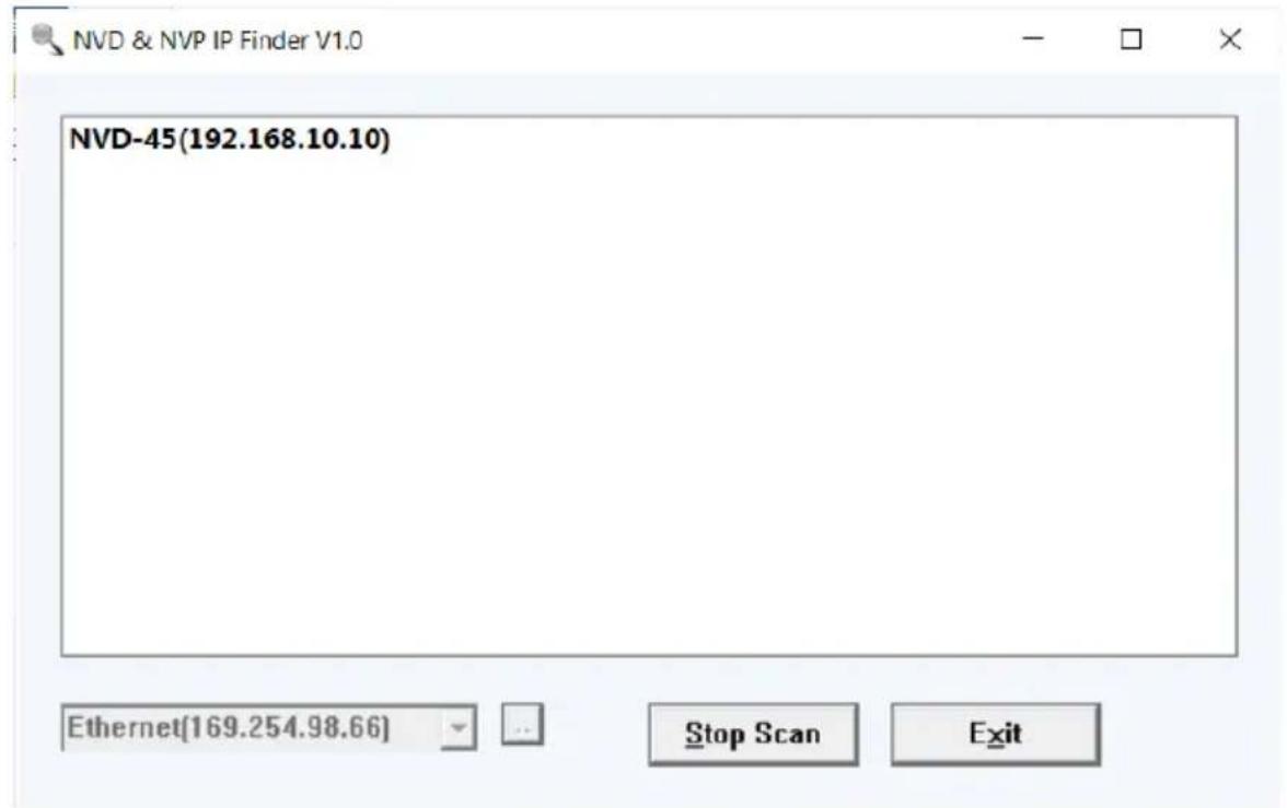 NVD & NVP IP Finder V1.0 NVD-45(192.168.10.10) Ethernet(169.254.98.66) Stop Scan Exit
