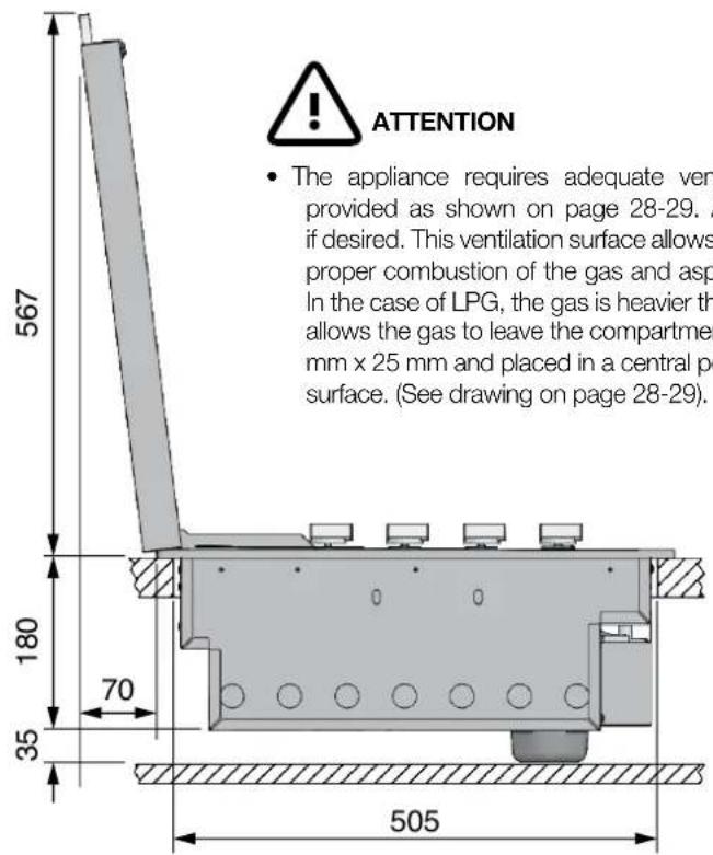 ATTENTION • The appliance requires adequate vent provided as shown on page 28-29. A if desired. This ventilation surface allows proper combustion of the gas and asp In the case of LPG, the gas is heavier th allows the gas to leave the compartment mm x 25 mm and placed in a central po surface. (See drawing on page 28-29). 567 180 70 35 505