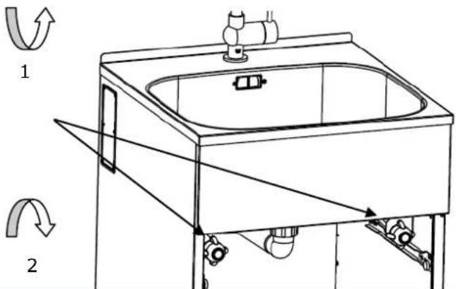 Technical diagram of a kitchen sink with labeled components and directional arrows indicating flow or movement.