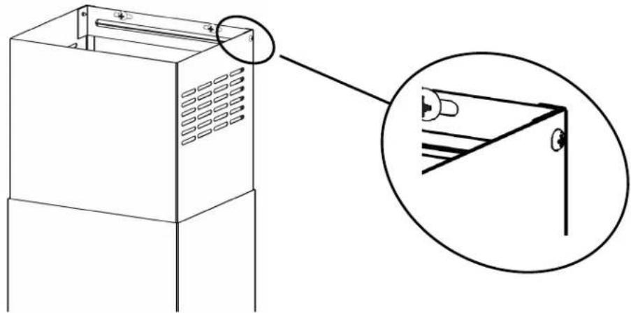 Technical line drawing of a cabinet with ventilation grilles and an inset close-up showing a corner detail (no text or symbols)