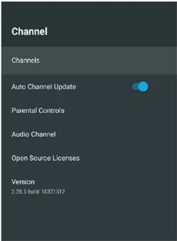 Channel Channels Auto Channel Update Parental Controls Audio Channel Open Source Licenses Version 2.28.5 build 18321512