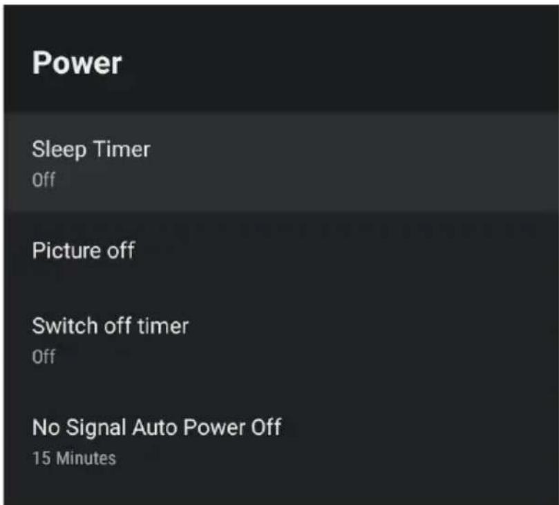 Power Sleep Timer Off Picture off Switch off timer Off No Signal Auto Power Off 15 Minutes