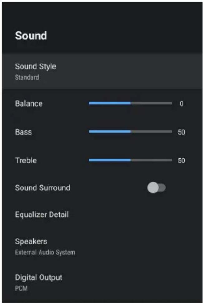 Sound Sound Style Standard Balance 0 Bass 50 Treble 50 Sound Surround Equalizer Detail Speakers External Audio System Digital Output PCM