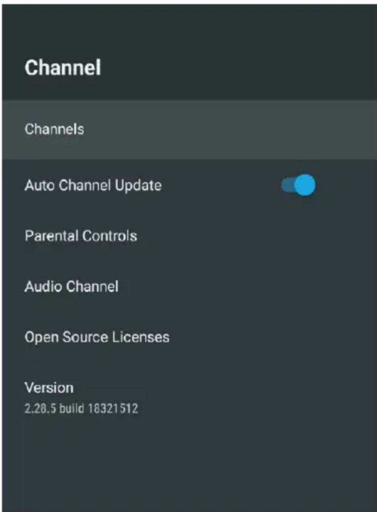 Channel Channels Auto Channel Update Parental Controls Audio Channel Open Source Licenses Version 2.28.5 build 18321512