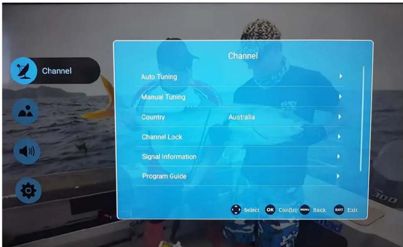 Channel Auto Tuning Manual Tuning Country Australia Channel Lock Signal Information Program Guide Select OK Confir MENU Back EXIT Exit