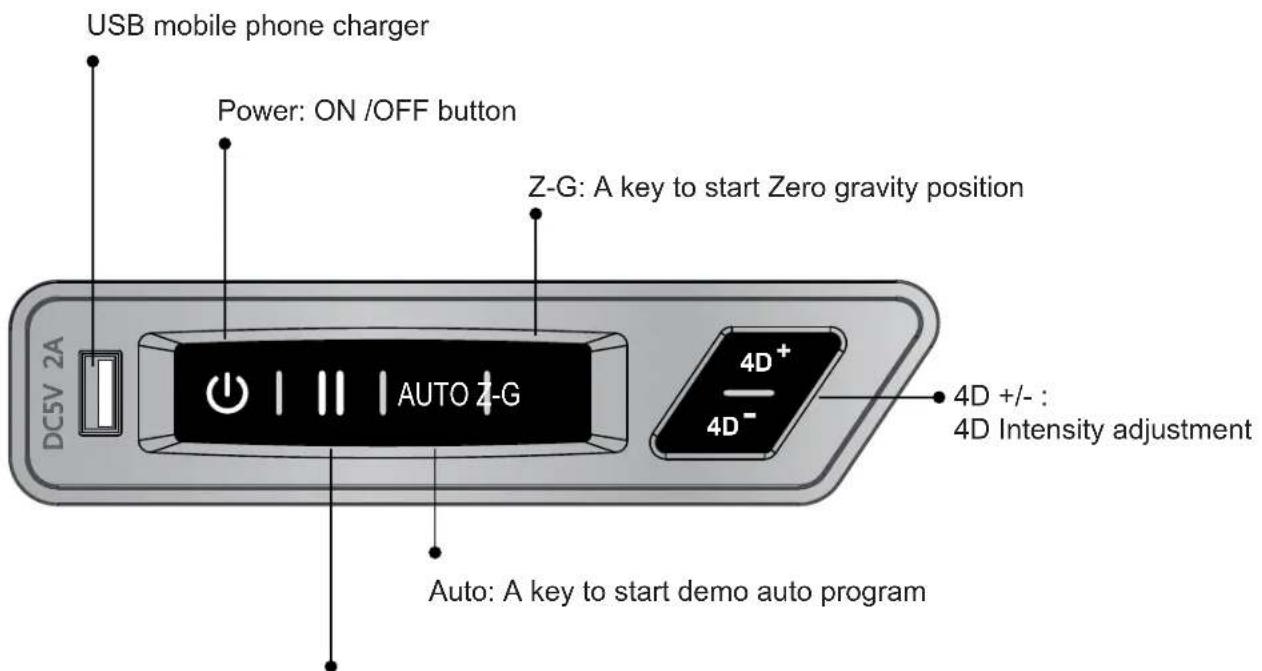USB mobile phone charger Power: ON /OFF button Z-G: A key to start Zero gravity position DC5V 2A AUTO 2-G 4D+ 4D- 4D +/- : 4D Intensity adjustment Auto: A key to start demo auto program