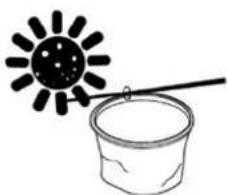 Simple line drawing of a sun and a bucket with a stick (no text or symbols)