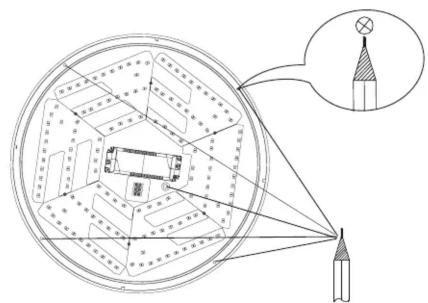 Technical diagram showing a circular structure with internal components and a magnified inset of a mechanical component with cross-section view.