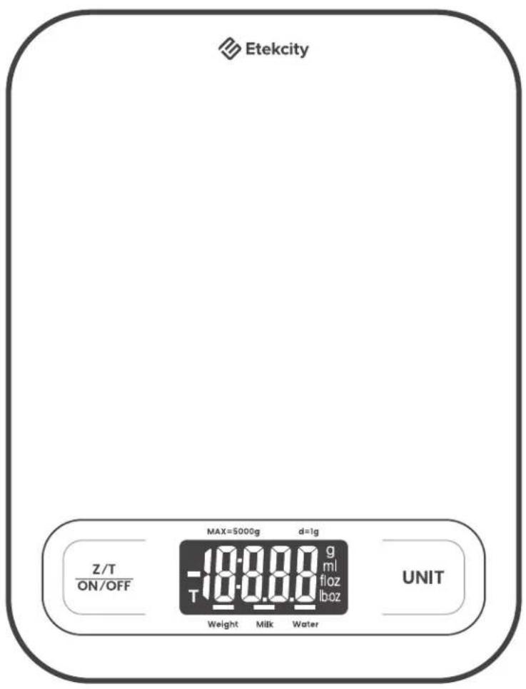 Etekcity MAX=5000g d=1g -18:00:00 g T 18:00:00 ml floz lboz Z/T ON/OFF UNIT Weight Milk Water