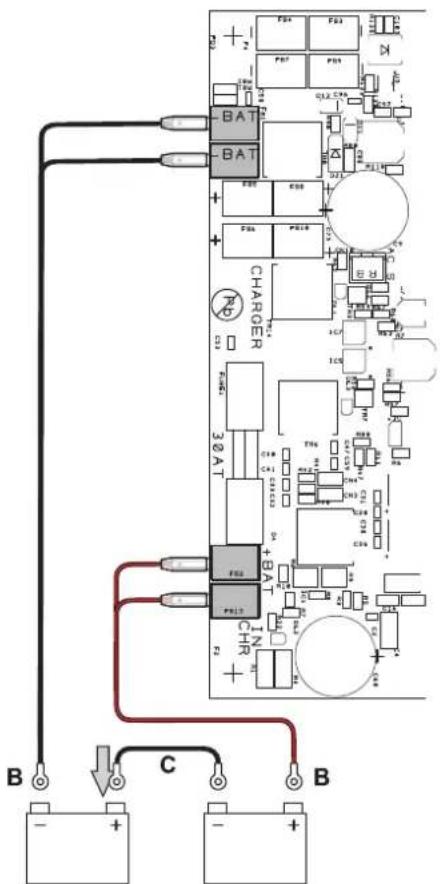 Electrical circuit diagram with labeled components including battery, switch, and charger, showing connections between terminals B and C.
