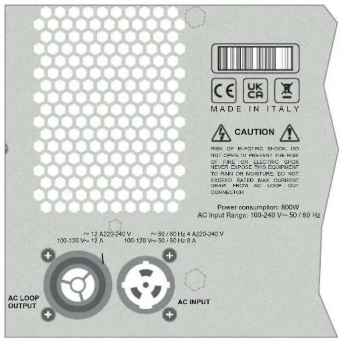 MADE IN ITALY CAUTION RISK OF ELECTRIC SHOCK, DO NOT OPEN TO PREVENT THE RISK OF FIRE OR ELECTRIC SHOCK NEVER EXPOSE THIS EQUIPMENT TO RAIN OR MOISTURE, DO NOT EXCEED RATED MAX CURRENT DRAW FROM AC LOOP OUT CONNECTOR Power consumption: 800W AC Input Range: 100-240 V~ 50 / 60 Hz ~ 12 A220-240 V ~ 50 / 60 Hz 4 A220-240 V 100-120 V~ 12 A 100-120 V~ 50 / 60 Hz 6 A AC LOOP OUTPUT AC INPUT
