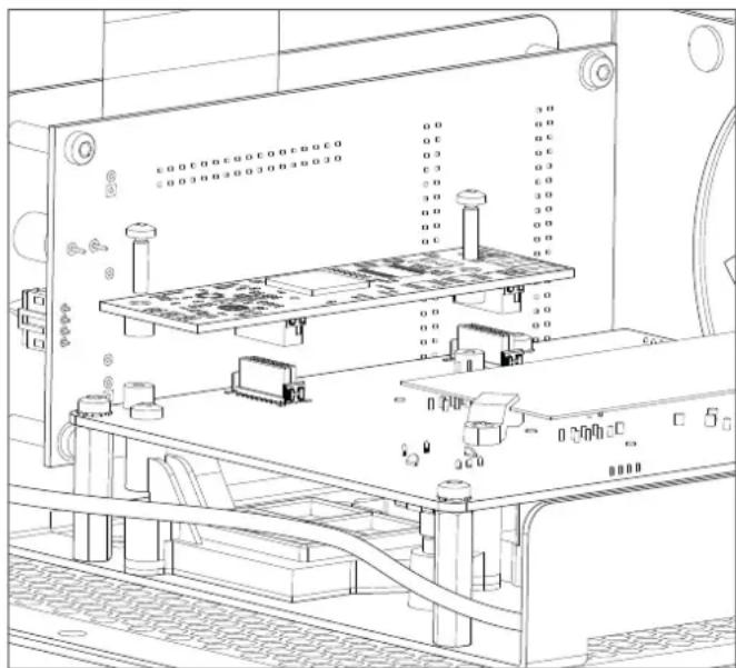Technical diagram of an electronic device rear panel with labeled ports and internal components