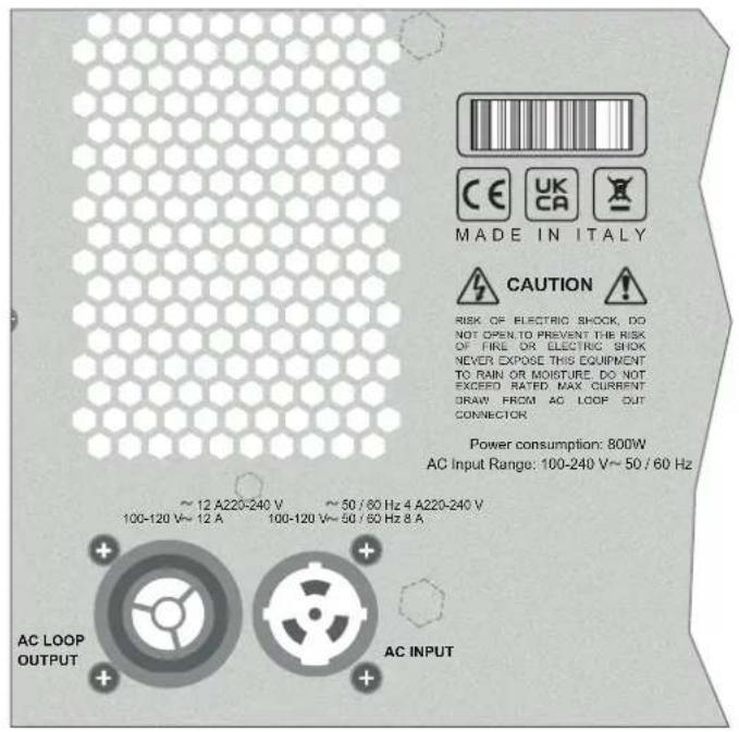 Made IN ITALY CAUTION RISK OF ELECTRIC SHOCK, DO NOT OPEN TO PREVENT THE RISK OF FIRE OR ELECTRIC SHOCK NEVER EXPOSE THIS EQUIPMENT TO RAIN OR MOISTURE, DO NOT EXCEED RATED MAX CURRENT DRAW FROM AC LOOP OUT CONNECTOR Power consumption: 800W AC Input Range: 100-240 V~ 50 / 60 Hz ~ 12 A220-240 V ~ 50 / 60 Hz 4 A220-240 V 100-120 V~ 12 A 100-120 V~ 50 / 60 Hz 8 A AC LOOP OUTPUT AC INPUT