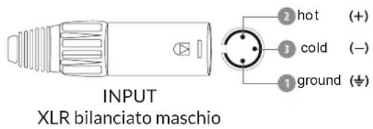INPUT XLR bilanciato maschio ① ground (÷) ③ cold (-) ② hot (+)